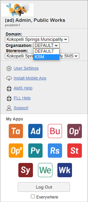 Change Organization from the User Menu